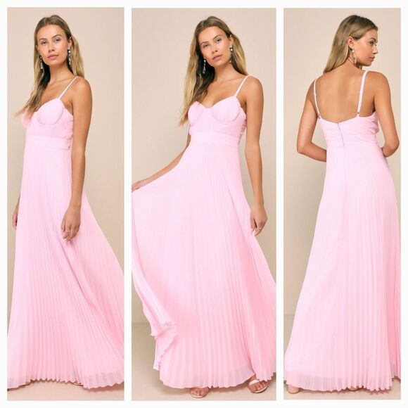New LULUS (S) Certainly Lovely Light Pink Pleated Bustier Maxi Dress - Picture 1 of 15